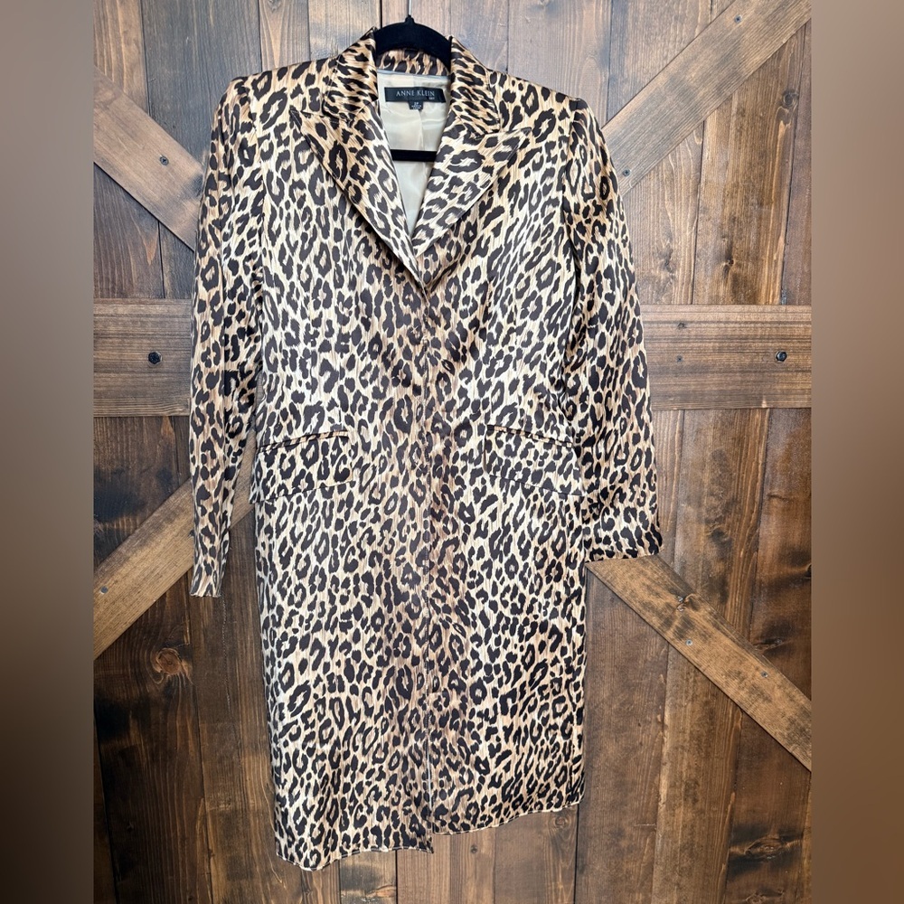Vintage ANNIE KLEIN Suits 100% Silk Leopard Print Petite Duster Jacket Size 2P